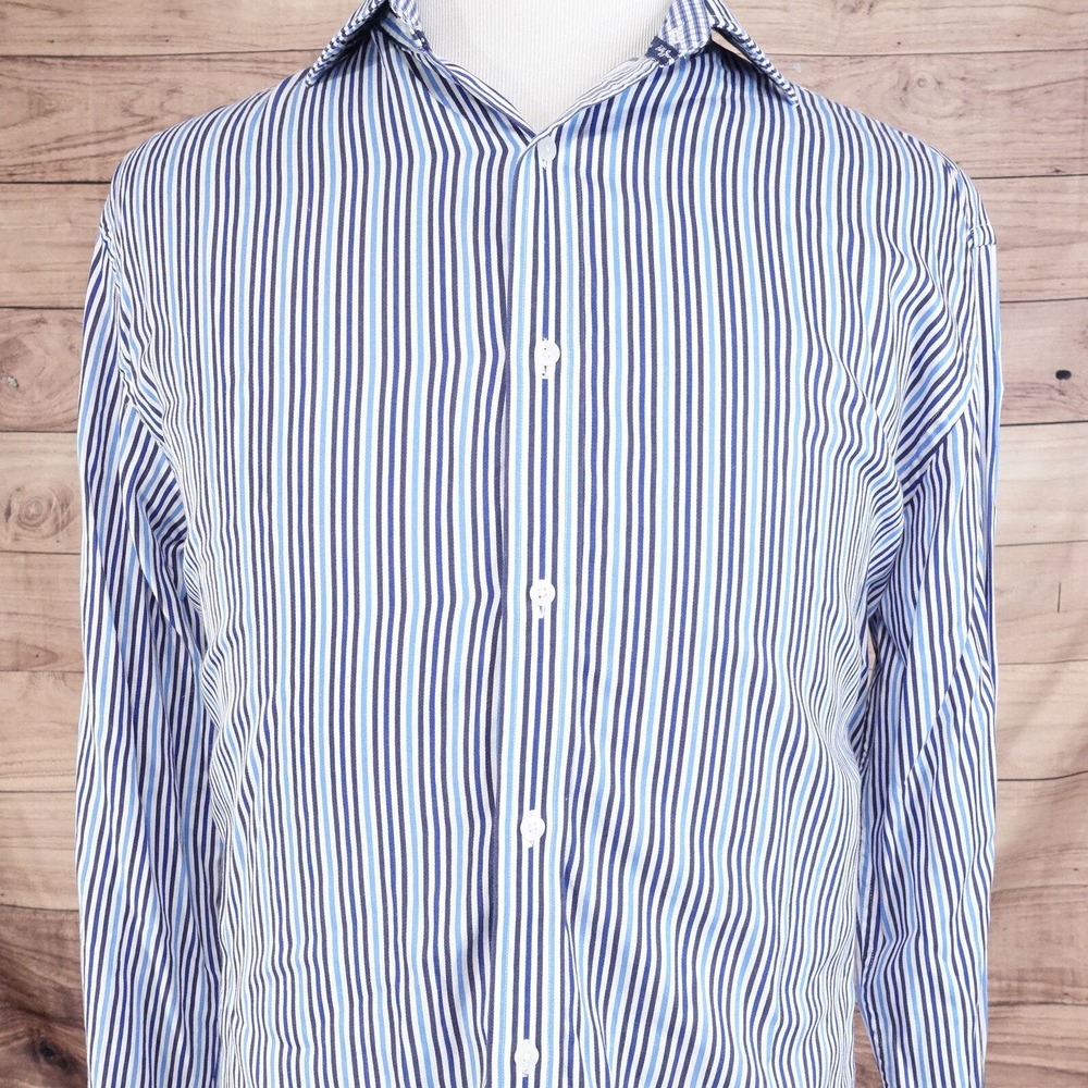 BOBBY JONES LONG‎ SLEEVE BLUE STRIPED BUTTON DOWN SHIRT MENS SIZE L LARGE